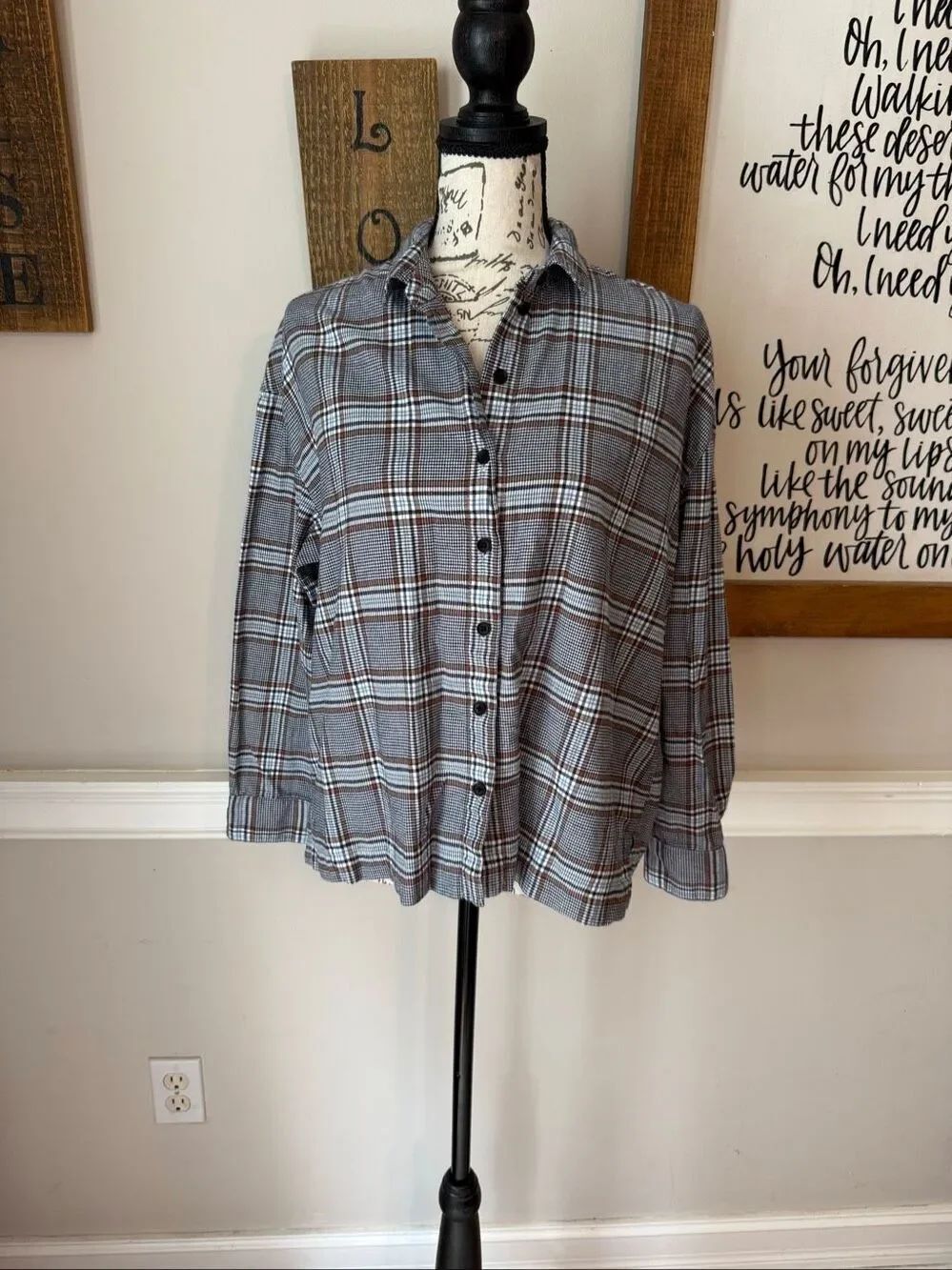 Madewell Women's Westlake Plaid Long Sleeve Button Up Shirt Navy Brown Size XS